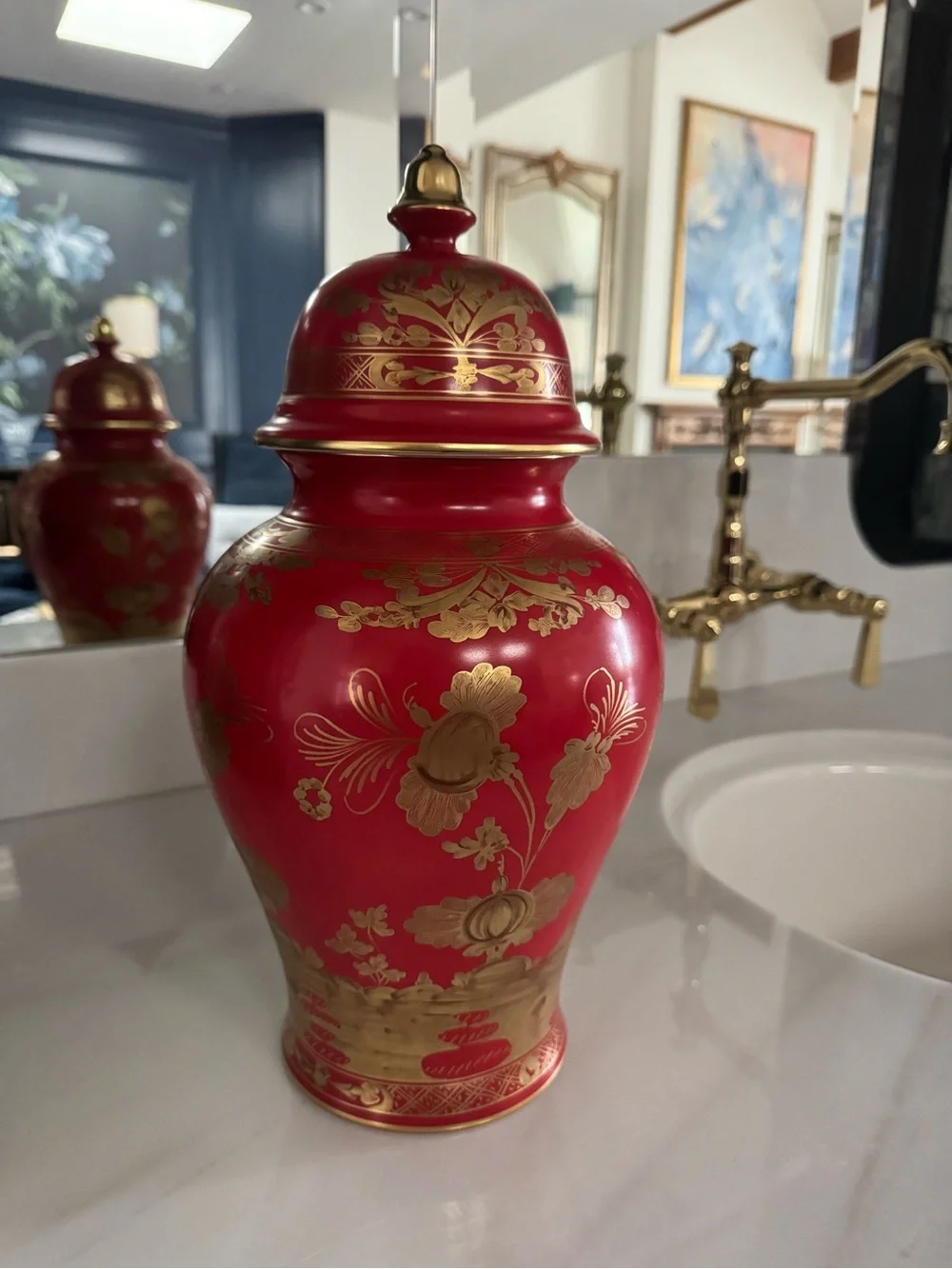 Ginori 1735 Exquisite Red & Gold Porcelain Ginger Jar 15”